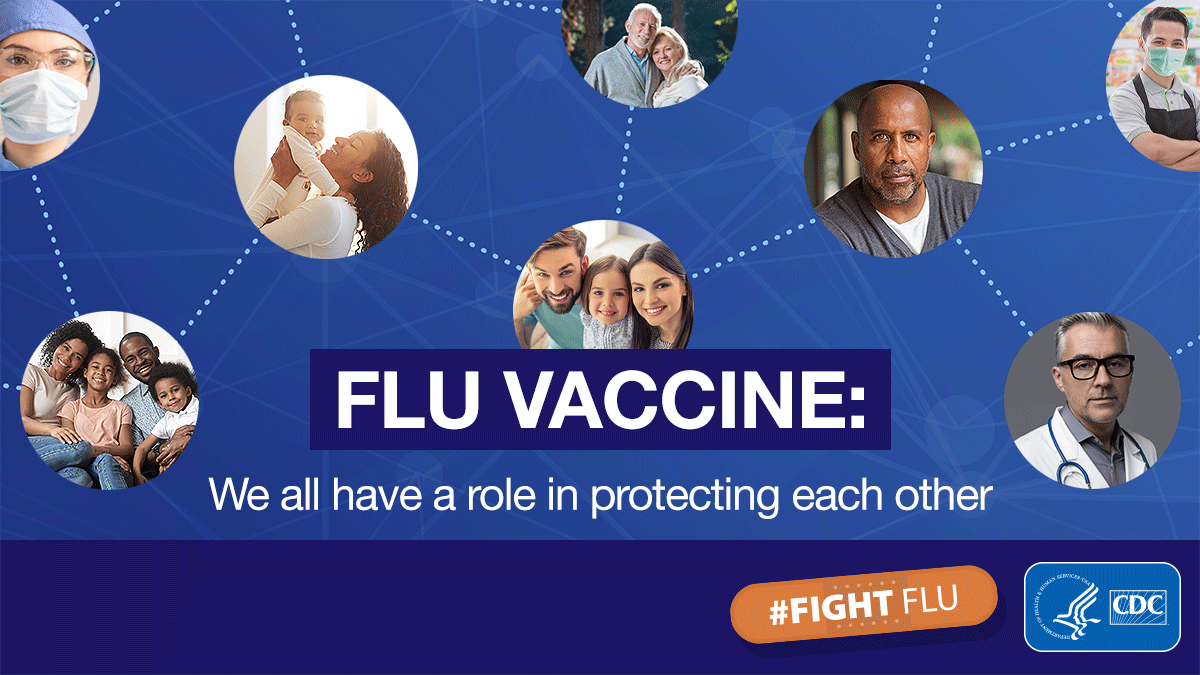 photo collage with text overlay: Flu Vaccine. We all have a role in protecting each other
