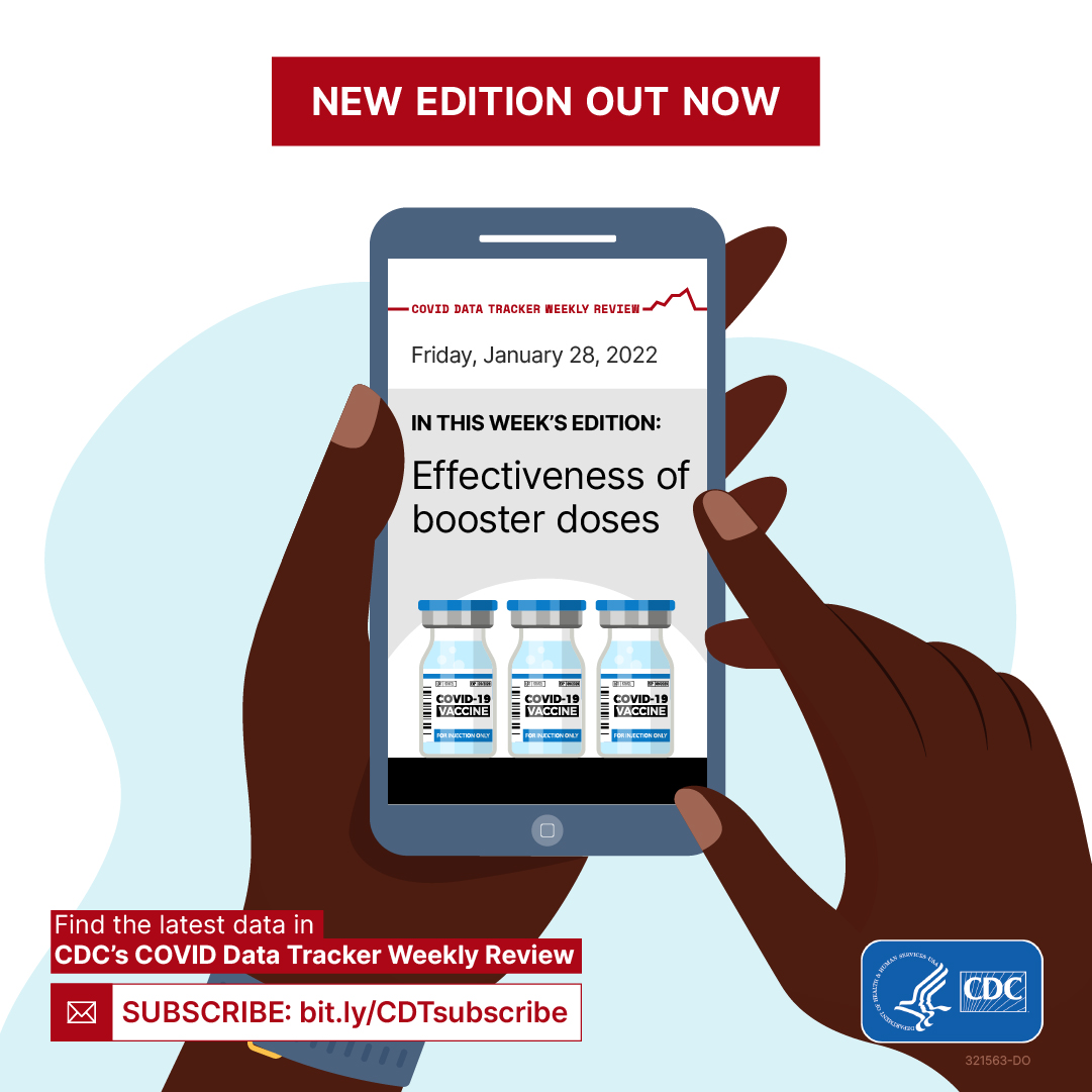 New Edition Out Now! Friday, January 28, 2022 In this week's edition: - Effectiveness of booster doses Find the latest data in CDC's COVID Data Tracker Weekly Review Subscribe: bit.ly/CDTsubscribe