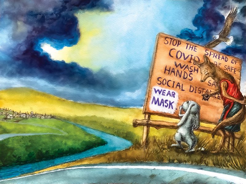 Image of Miss Rabbit and Coyote reading a sign at the beginning of a community. Sign reads, “stop the spread of COVID, wash hands, social distance, wear mask.” 