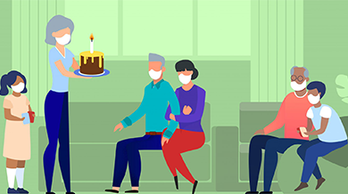illustration of a family wearing masks gathered for a birthday party
