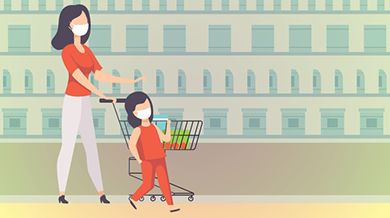 illustration of parent and child wearing masks while grocery shopping