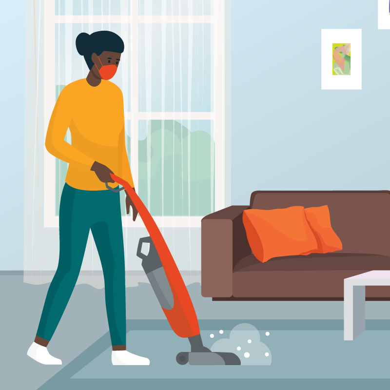 Illustration of a woman vacuuming while wearing a mask