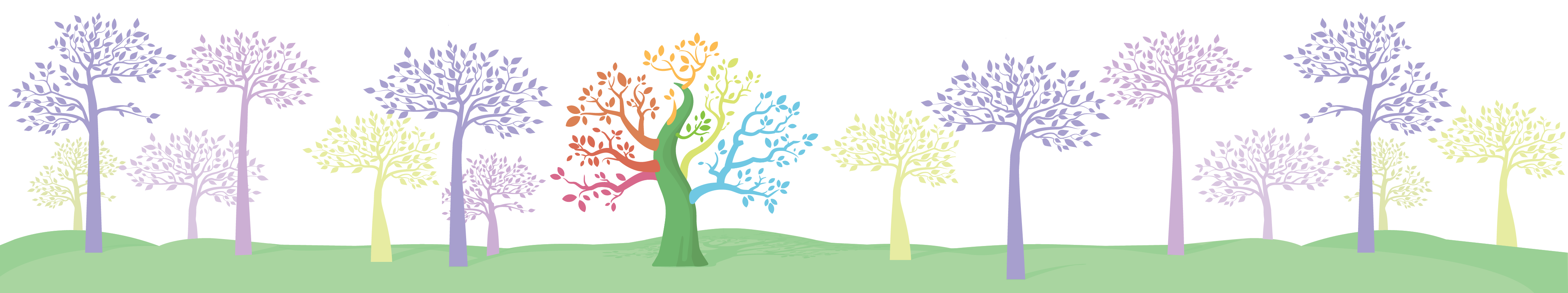 illustration of trees, one tree has multi-colored limbs