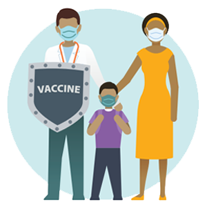 An illustrated image of two parents and a young child, all wearing masks, with the father holding a shield showing the word “vaccine” on the front.