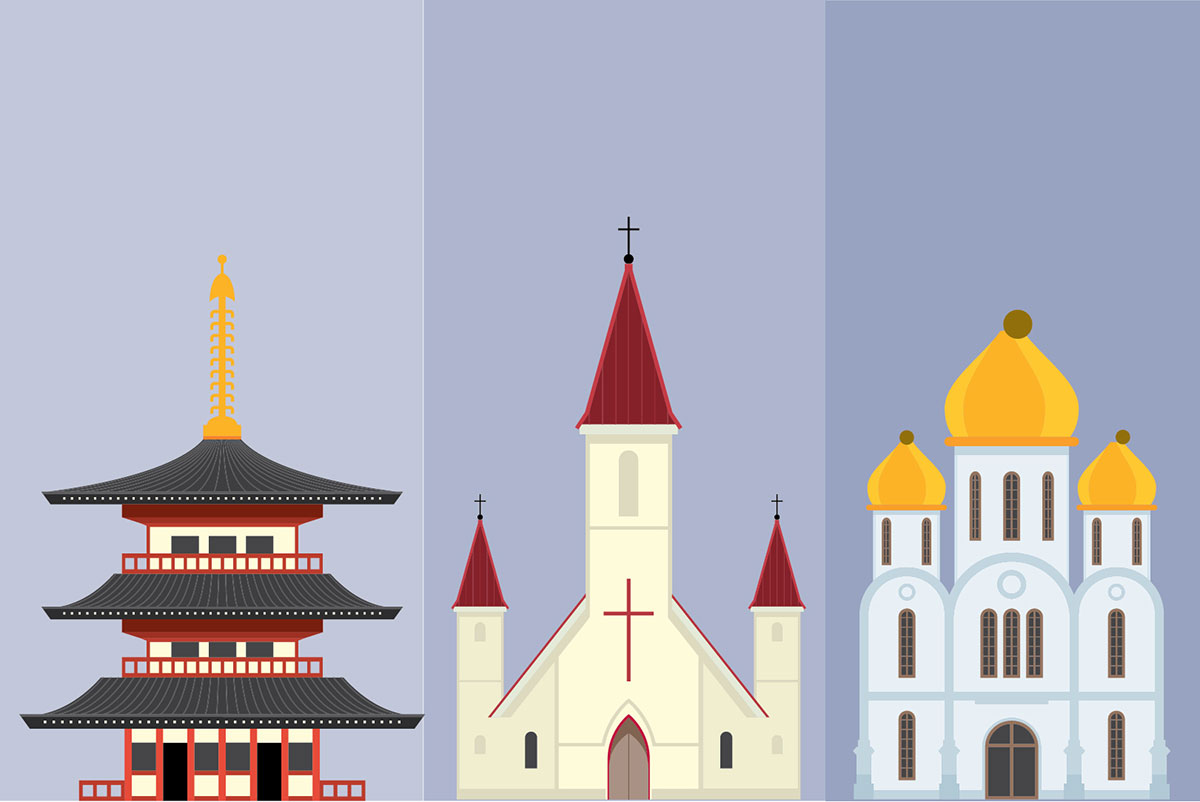 Colorful illustrations of an Asian temple, a church, and a mosque.