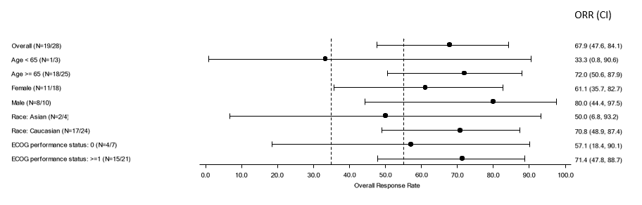 Tables summarize efficacy results by subgroup in the trial.