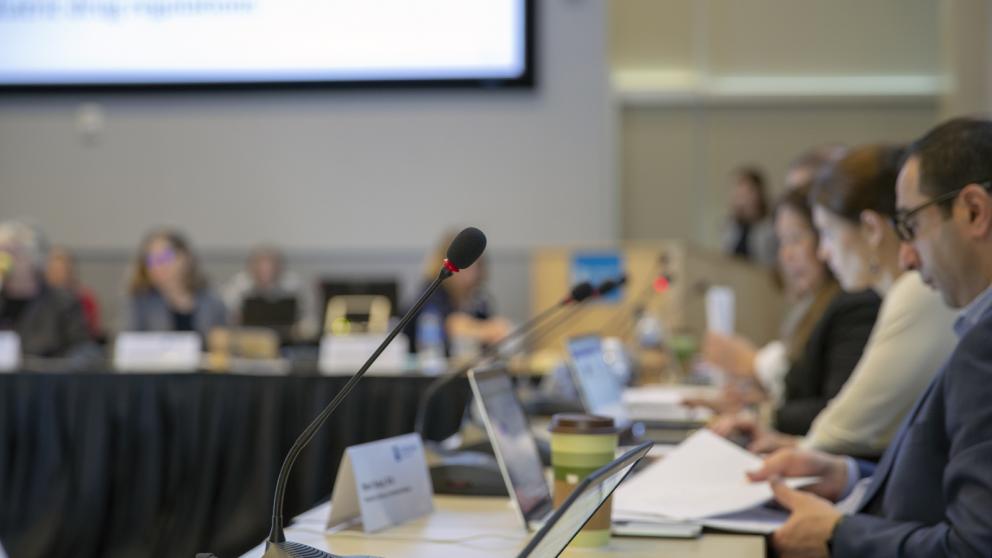 A microphone juxtaposed against blurred panel members of an advisory committee in the background