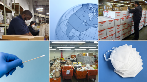 collage of six photos including FDA employees inspecting imported food and medical supplies at ports of entry and stock photos of a swab, face masks and a globe focusing on the United States