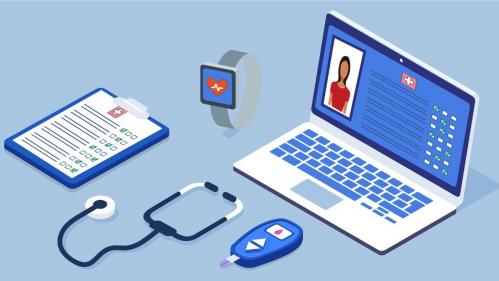 Illustration of a clipboard, stethoscope, smart watch, laptop, and glucose meter.