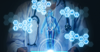Abstract image of doctor in background, x-ray of human body in center foreground surrounded by medical icon graphics.