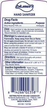 “Blumen Clear Advanced Hand Sanitizer, 3.4 oz back label”