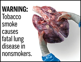 A rectangular cigarette health warning with a white background and black text that reads: “WARNING: Tobacco smoke causes fatal lung disease in nonsmokers." To the right of the text is a photorealistic illustration showing gloved hands holding a pair of diseased lungs containing cancerous lesions from chronic secondhand smoke exposure. The warning is surrounded by a black outline.