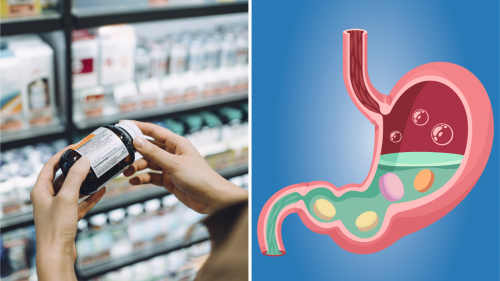 Photo collage: Left photo of woman reading label on pill bottle. Right image is a cutaway illustration of the stomach with various antacid pills floating in stomach fluid.