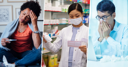 collage of three photos: woman sitting cross-legged holding head while looking a thermometer, pharmacist reading prescription and holding medicine bottle, man looking at open laptop while blowing his nose with glass of water and used tissues on table