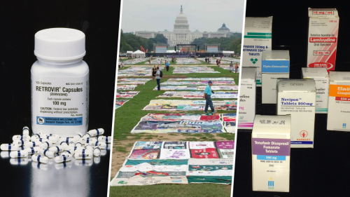 collage of three photos showing: small white and blue pills surrounding a bottle of the AIDS drug Retrovir (Zidovudine), the AIDS quilt being assembled on the National Mall in 1987, and an assortment of later FDA-approved AIDS treatments in their original boxes