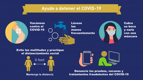 Illustrated infographic. Header - Help Stop COVID-19. Upper left image - Bandaged arm "Get a COVID-19 Vaccine". Upper middle image - Hands under water faucet, "Wash your hands often". Upper right image - Woman wearing mask, "Cover your nose and mouth by wearing a mask. Lower left image - Two people standing 6 feet apart, "Avoid crowds and practice social distancing". Lower right image - Person sitting at personal computer, "Report fraudulent COVID-19 tests, vaccines, and treatments".