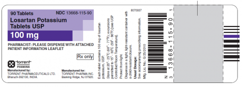 Blue/white label, Losartan Potassium, 100mg, 90 tablets