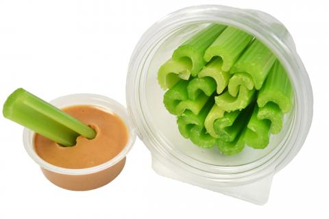 Labeling, Celery & Peanut Butter Cup, nutrition labeling, and photo of celery and peanut butter in plastic containers