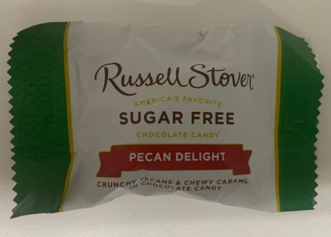 Front of individually wrapped, Russell Stover Sugar Free Pecan Delight
