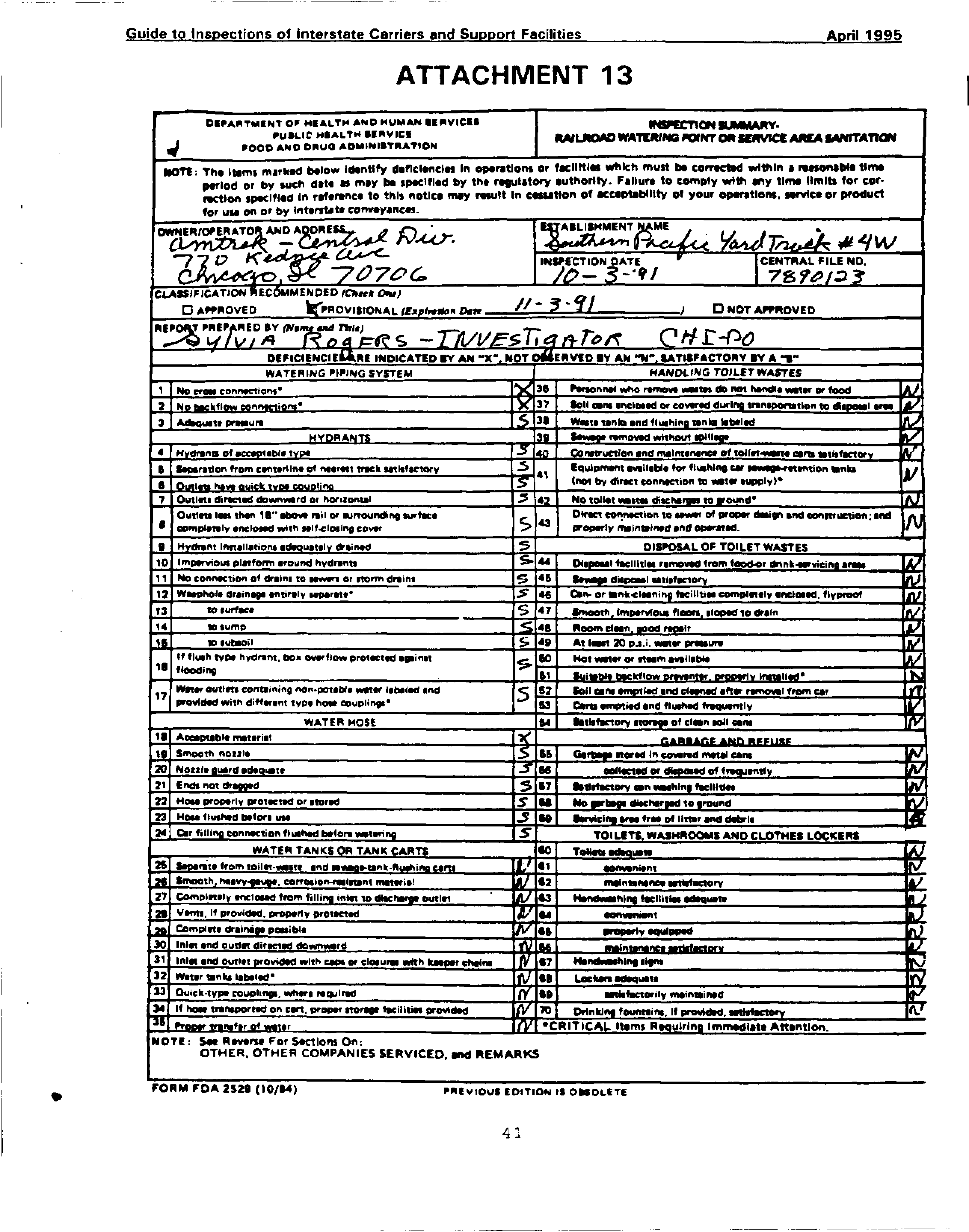 FDA-2529 - Inspection Summary -Railroad Watering Point or Servicing Area Sanitation