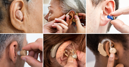 Photo collage showing various hearing aids and personal sound amplification products in people's ears