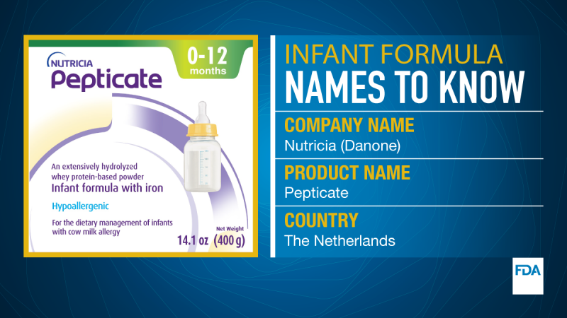 Infant formula names to know. Company name is Nutricia (Danone). Product name is Pepticate and it comes from The Netherlands