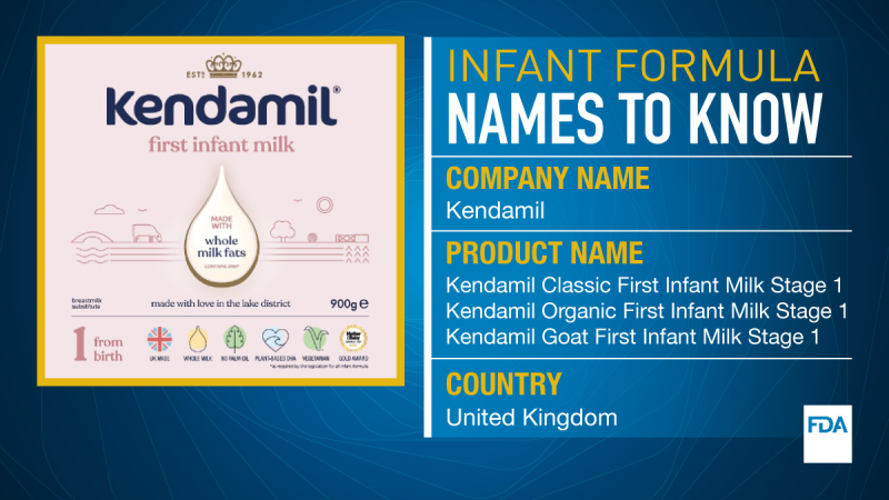 Infant Formula Names to Know. Company name is Kendamil. Product Names are Kendamil Classic First Infant Milk Stage 1, Kendamil Organic First Infant Milk Stage 1, and Kendamil Goat First Infant Milk Stage 1. Country United Kingdom.