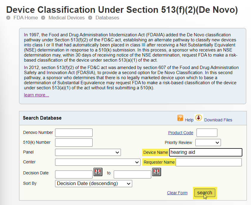 Screenshot of the De Novo Database. Device name entered is hearing aid, requester name is blank, and the user is clicking on the search button.