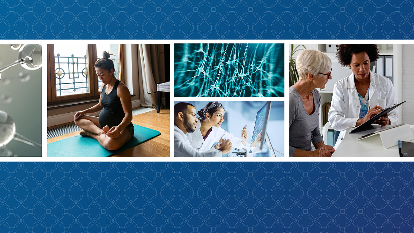  A collage of photos showing a 3D rendering of a molecule, a pregnant woman doing yoga, a 3D rendering of a Neuron cell network, two scientists looking at a computer monitor, and an elderly female patient with a female doctor.