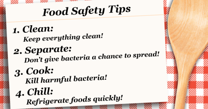 A recipe card called Food Safety Tips. There are 4 tips. 1. Clean: Keep everything clean! 2. Separate: Don't give bacteria a chance to spread! 3. Cook: Kill harmful bacteria! 4. Chill: Refrigerate foods quickly.
