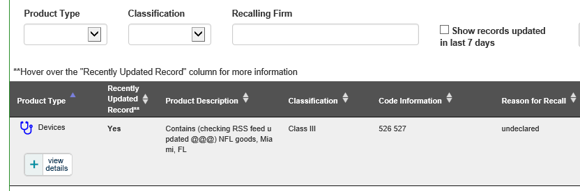 This image shows the new column in the results table that indicates by Yes or No if the recall has been updated in the past 7 days.