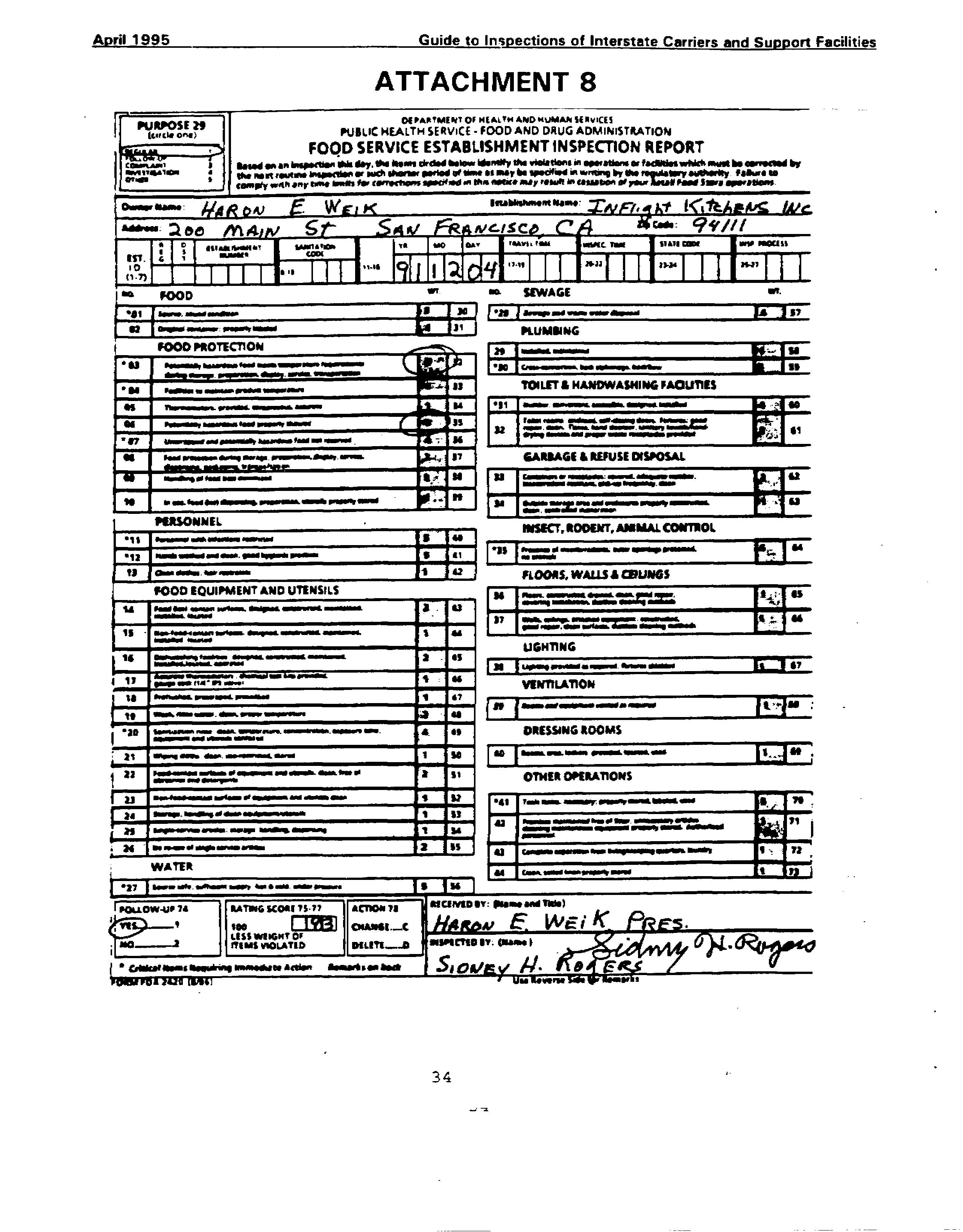 FDA-2420 - Food Service Establishment Inspection Report