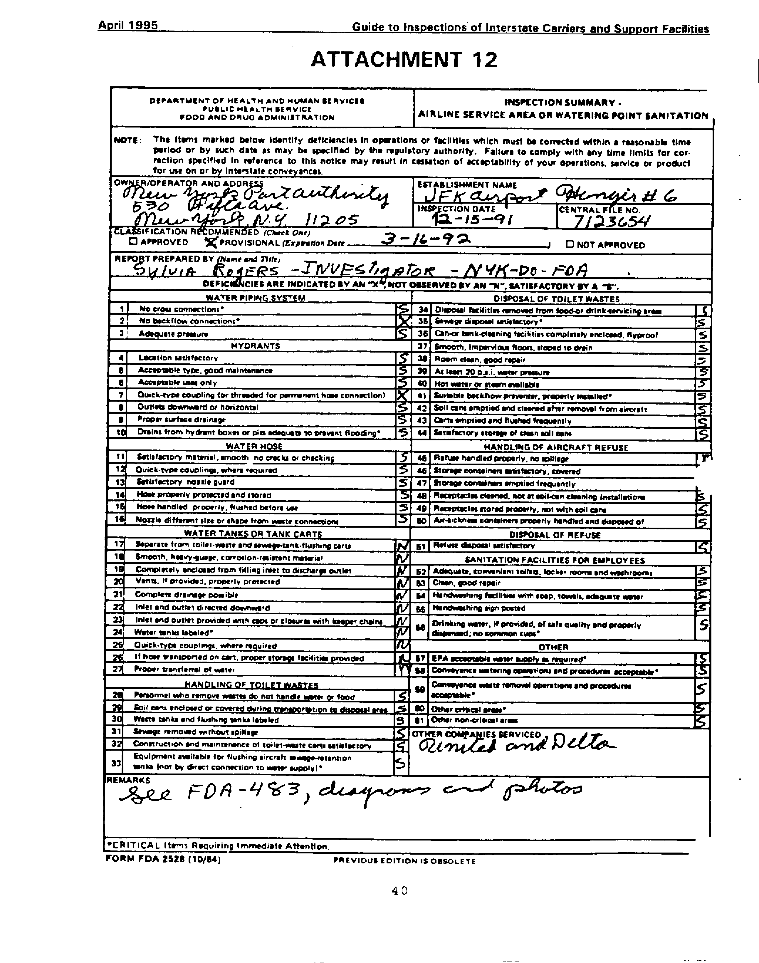 FDA-2528 - Inspection Summary -Airline Servicing Area or Watering Point Sanitation