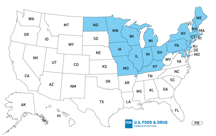 Outbreak Investigation of Listeria monocytogenes: Packaged Salad: Case Count Map Provided by CDC (December 21, 2021)