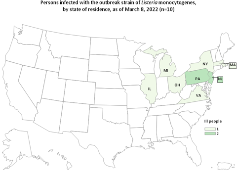 Case Counts People infected with the outbreak strain of Listeria monocytogenes by state of residence, as of March 8, 2022 (n=10)