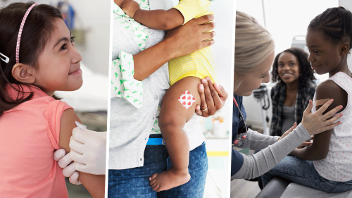 Three photos of young children with small adhesive bandages showing they've just received vaccination injections.