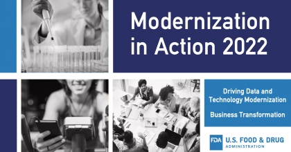 Modernization in Action 2022. Driving Data and Technology Modernization. Business Transformation. Upper left image of lab technician filling test tubes in lab. Lower left image of woman on exercise bike using fitness app. Lower right image of diverse group of people sitting at conference table.