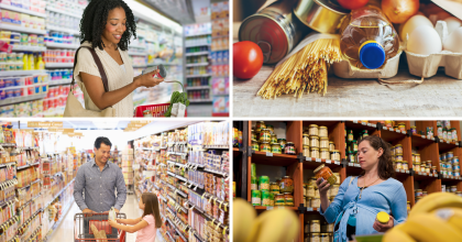 A collage of images depicting diverse individuals in a grocery store, reading food labels.