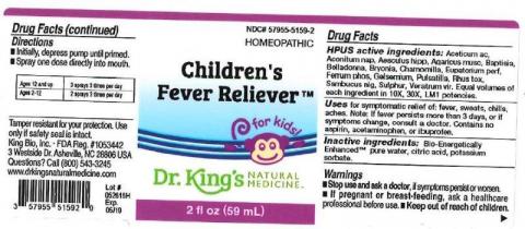 "Product label, Dr. Kings Childrens Fever Reliever, 2 fl oz"