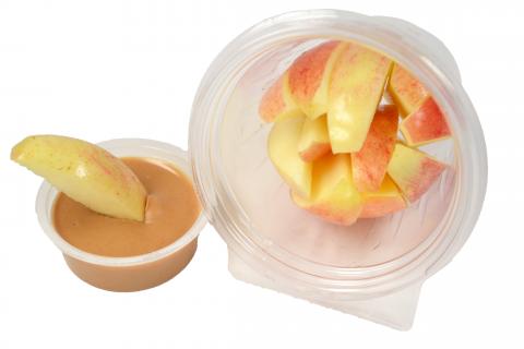 Labeling, Apple & Peanut Butter Cup, nutrition labeling, and photo of apples and peanut butter in plastic containers