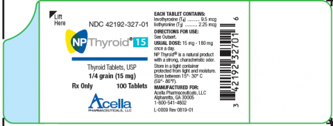 NPThyroid15, Thyroid Tablets, USP, ¼ grain (15 mg), 100 tablets, front label