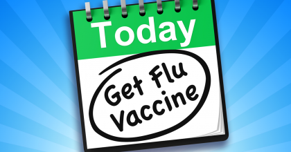 graphic illustration of a day calendar with the words "Today" printed across the top and the words "Get Flu Vaccine" hand written and circled