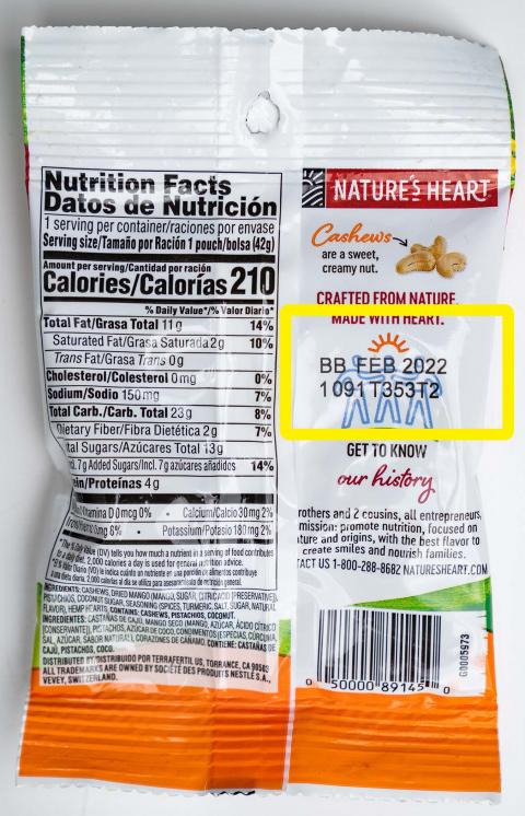 Back Label, Nature’s Heart 1.5 oz Mango Turmeric Cashew Glazed Mix