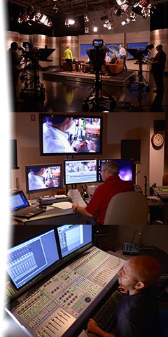 Collage of the talk show set in our main studio, Edit One part of the FDA Studio’s seven AVID editing suite complex, and our field production team conducting a live webcast talk show.