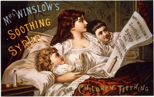 A lady in bed with a little girl on the right and a little boy on the left. She is reading a piece of paper with says, Mrs. Winslow's Soothing Syrup