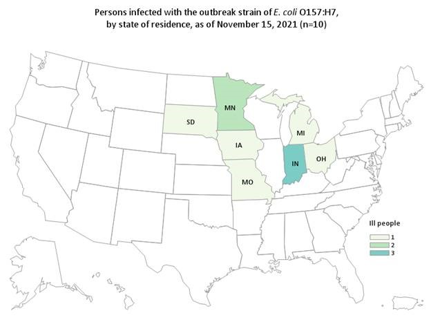 Outbreak Investigation of E. Coli O157:H7 in Spinach: Case Count Map Provided by CDC (November 15, 2021)