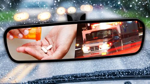 a wet road with oncoming cars on a rainy day seen through car windshield with combined images of medicine and an ambulance in the rear view mirror