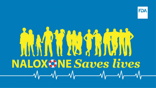 Yellow silhouette of a group of people embracing each other, with a blue background. The bottom half of the image reads "Naloxone Saves lives"
