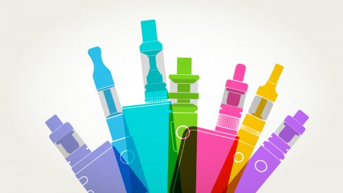 Colourful overlapping silhouettes of e-cigarettes or vapers