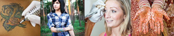 Woman getting permanent eyebrow makeup, Woman with henna tattoos on her hands, Woman getting a dragon tattoo on her back